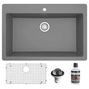 33 in. Large Single Bowl Drop-In Kitchen Sink in Grey with Bottom Grid and Strainer