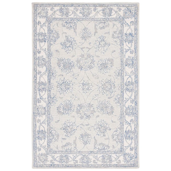 SAFAVIEH Micro-Loop Light Blue/Ivory 5 ft. x 8 ft. Border Medallion Area Rug