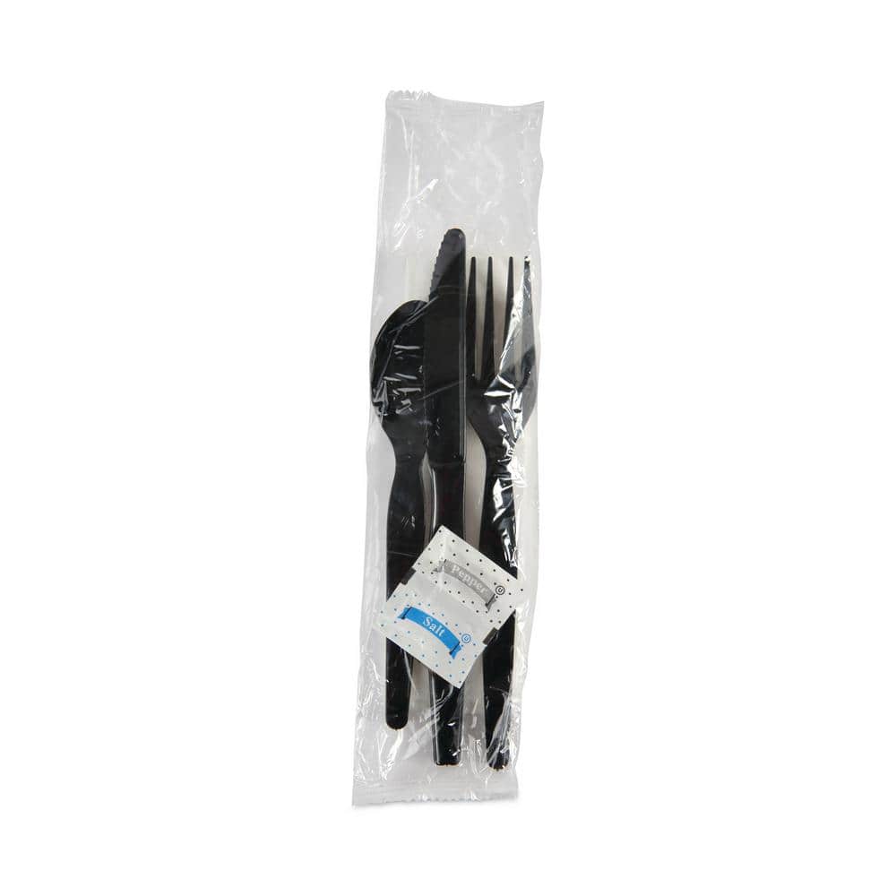 Choice Medium Weight Black Wrapped Plastic Cutlery Set with Napkin and Salt  and Pepper Packets - 250/Case