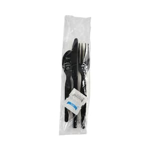 Black Heavyweight Disposable Polystyrene Utensils, 6-Piece Cutlery Kit, Condiment/Fork/Knife/Napkin/Spoon (250-Carton)