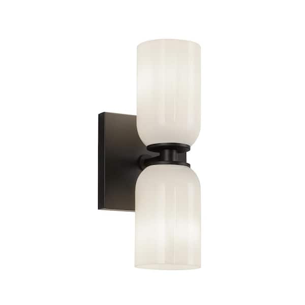 Nola 12-in 2 Light 40-Watt Black/Glossy Opal Glass Wall Sconce