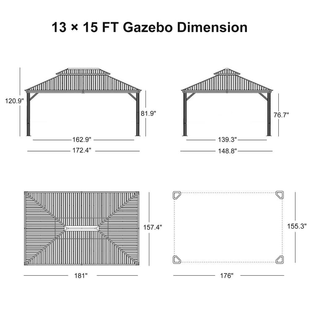 Gray Aluminum Frame 13' x 15' Hardtop Gazebo with Curtains