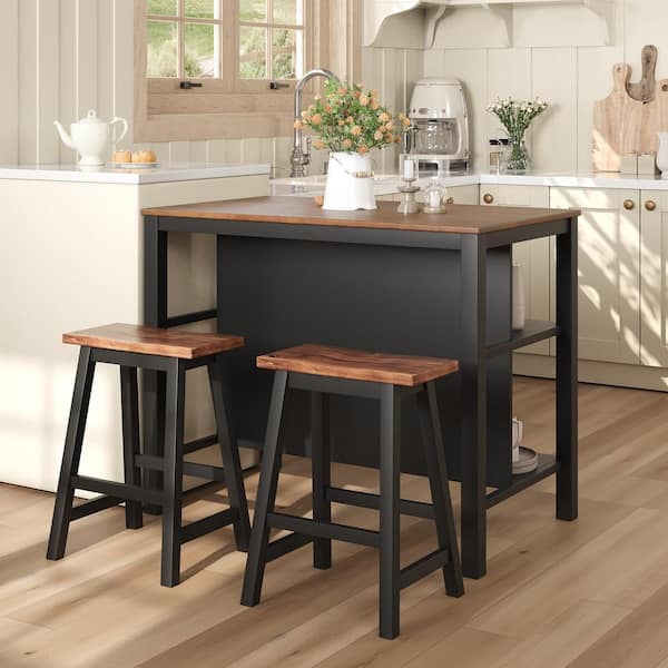 45 in. W 3-Piece Rustic Walnut Wood Top Kitchen Island Set Seats 2
