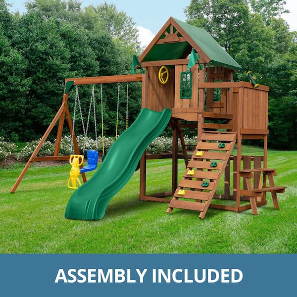 Professionally Assembled Knightsbridge Wooden Outdoor Playground Set with Slide, Rock Wall, Swing Set, and Accessories