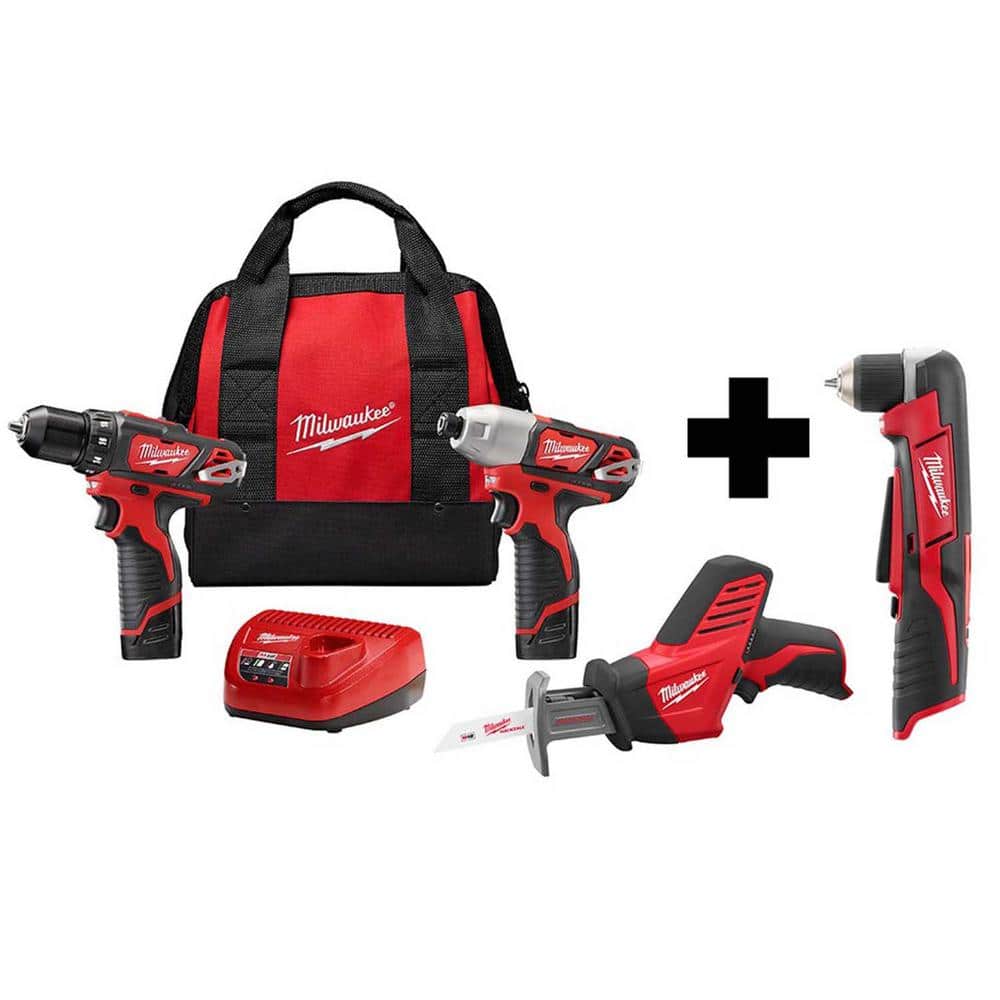 Milwaukee M12 12V Lithium-Ion Cordless Combo Tool Kit (3-Tool) with M12 Right Angle Drill -  2498-23-RT