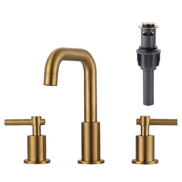 IVIGA 8 in. Widespread Double Handle Bathroom Faucet with Swivel Spout, 2 Aerators, Pop Up Drain and Supply Lines in Gold