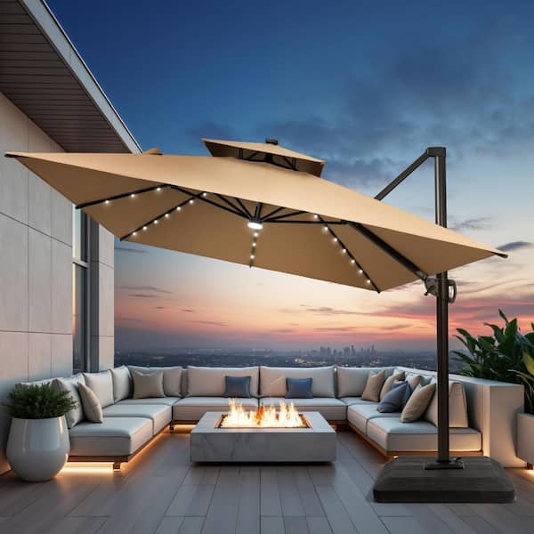 13 ft. x 10 ft. Versatile Patio Umbrella with Solar LED Outdoor Cantilever Umbrella with 240 lbs. Base for Lawn in Tan