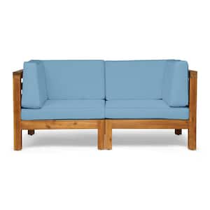 Oana Teak Brown 2-Piece Wood Outdoor Loveseat with Blue Cushions