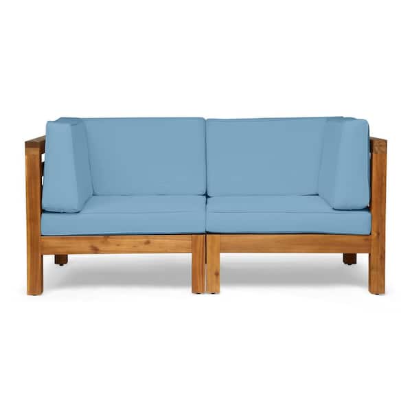 Noble House Oana Teak Brown 2-Piece Wood Outdoor Patio Loveseat with Blue Cushions