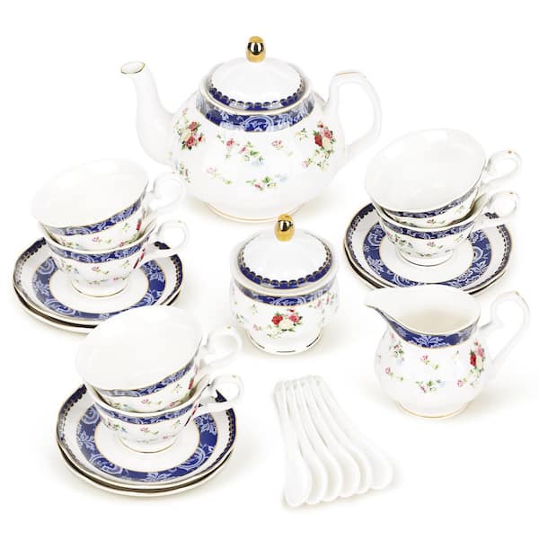21-Piece 6-Cup Blue Lace and Roses Floral Porcelain Tea Set with Sugar Bowl and Creamer for Tea Party