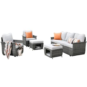 Sierra Black 5-Piece Wicker Multi-Functional Pet Friendly Outdoor Patio Conversation Sofa Set with Light Grey Cushions