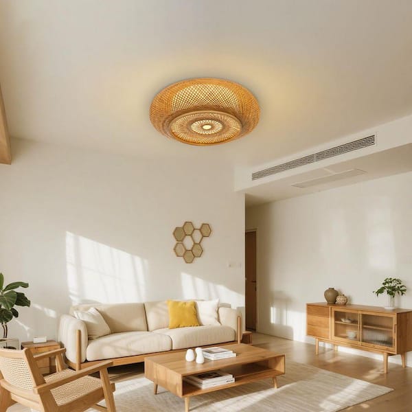 31.5 in. 3-Light Natural Brown Woven Chandelier Style Flush Mount with Round Woven Shade and No Bulbs Included 1-Pack