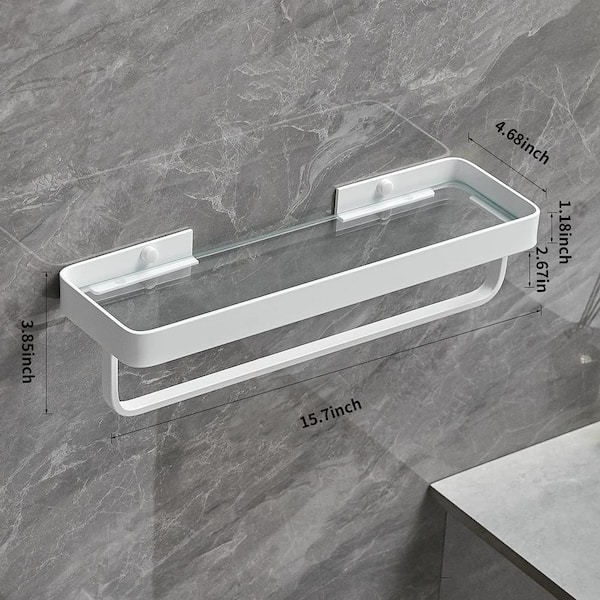 2-Piece 4.88 in. W x 5.85 in. H x 15.74 in. D Glass Rectangular Shower  Shelf in Silver with 4 Hooks, 1 with a Towel Bar