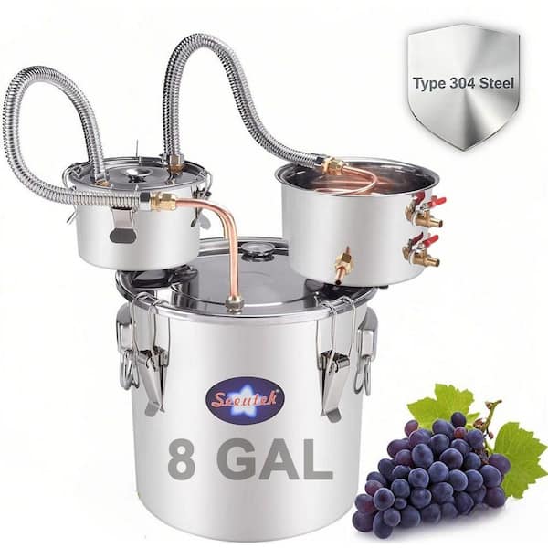 8 Gal. Stainless Steel Alcohol Still with Thumper Keg, Copper Coil, Thermometer and Pump for Home Brewing