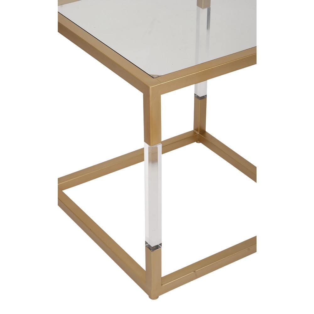 Gold Metal and Clear Glass Square End Table with Acrylic Legs