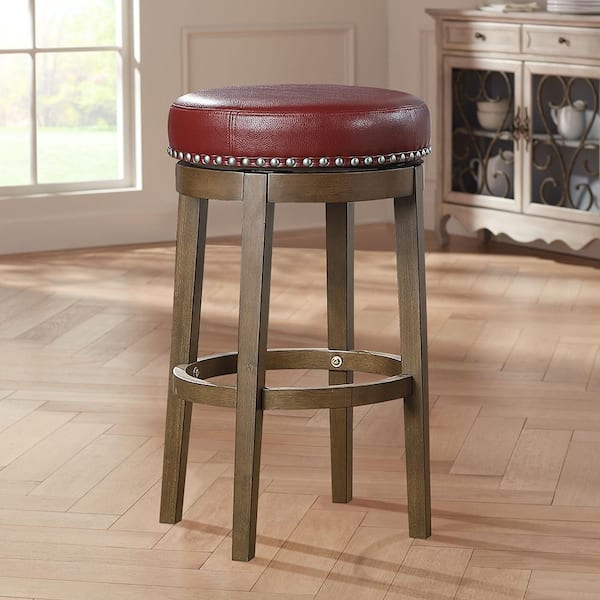 Paran 30 in. Brown Wood Round Swivel Pub Height Stool with Red Faux Leather Seat (Set of 2)