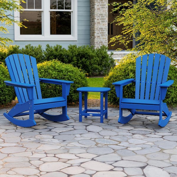 POLYWOOD Grant Park Pacific Blue 3-Piece HDPE Plastic Adirondack Outdoor Rocking Chair Patio Conversation Set