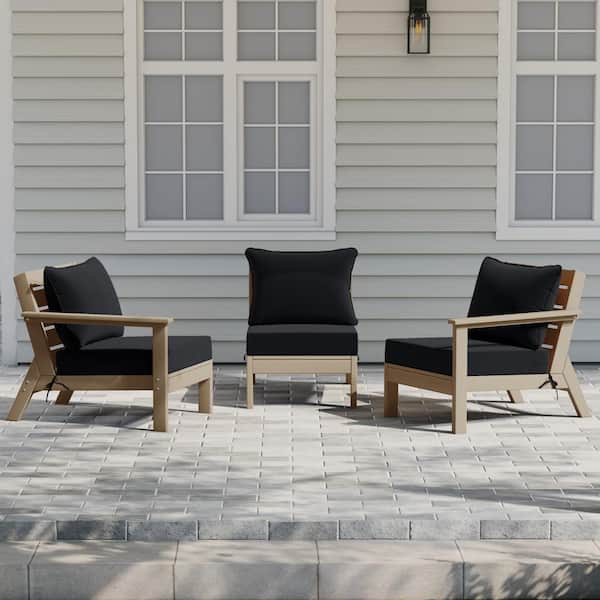 Birchwood Weathered Wood Arrangeable Outdoor Patio 3-Piece Deep Seating HDPE Sofa Arm Chair Set w/ Black Cushions