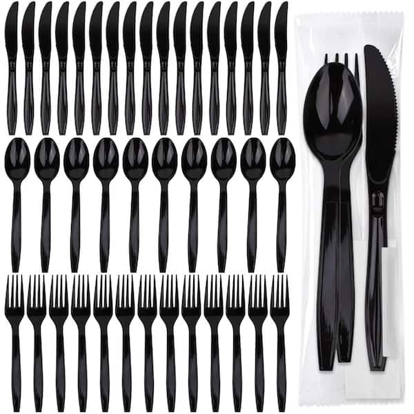 80-Pack Individually Wrapped Disposable Plastic Cutlery Sets with Fork, Knife, Spoon, and Napkin, Black,