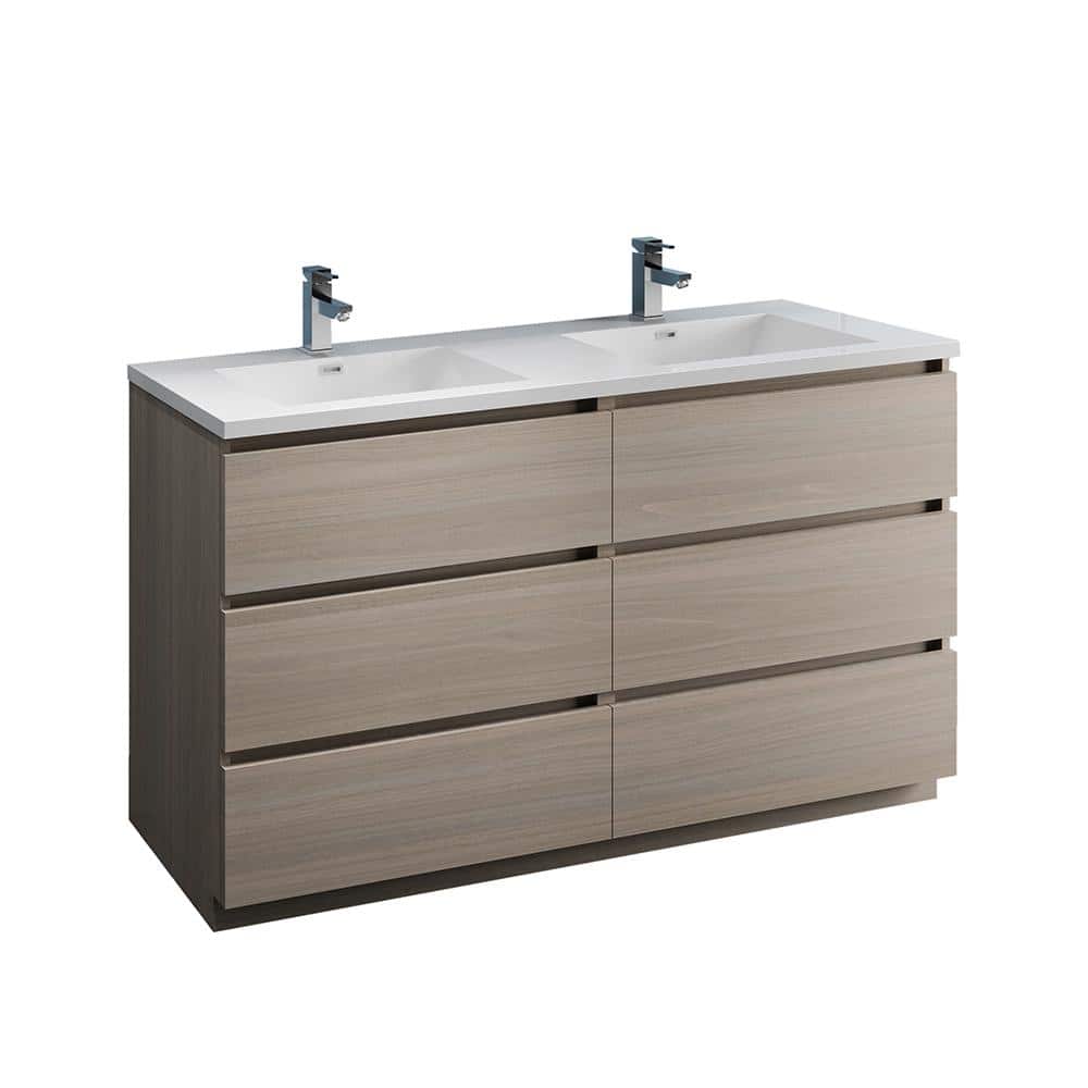 Gray Wood 60" Freestanding Double Sink Vanity with Acrylic Top