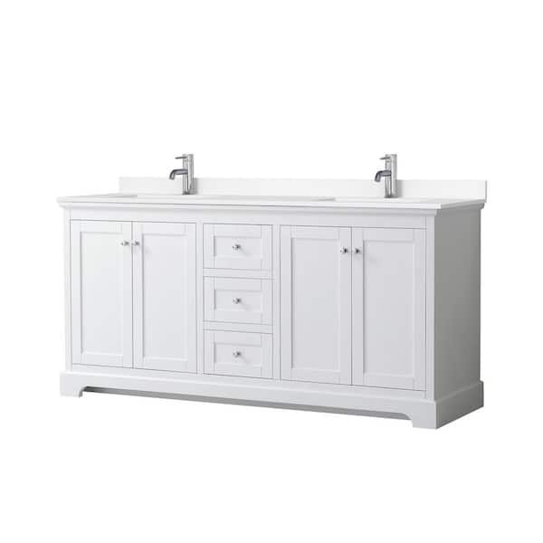 Wyndham Collection Avery 72in.Wx22 in.D Double Vanity in White with Cultured Marble Vanity Top in White with White Basins