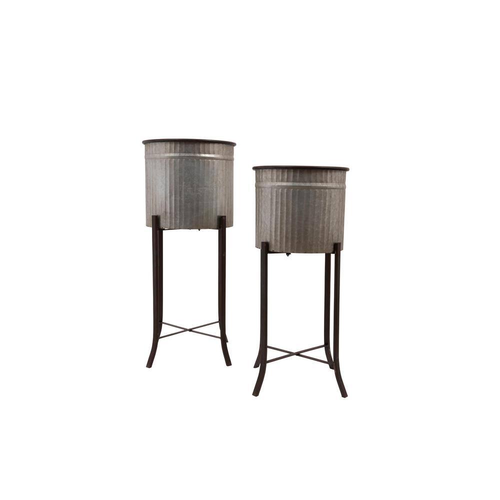 Silver and Black Corrugated Metal Round Planters with Stands, Set of 2