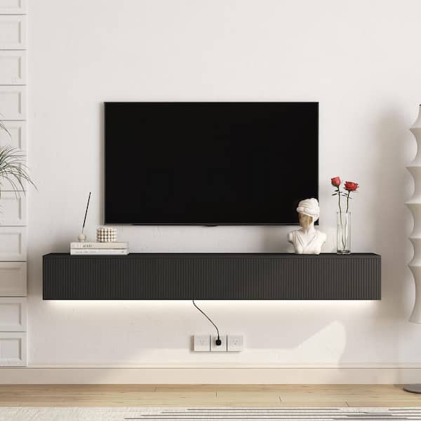 69 in. W x 11.8 in. D Black MDF Wood Floating TV Stand Shelves Decorative Wall Shelf with Lights and Power Outlet