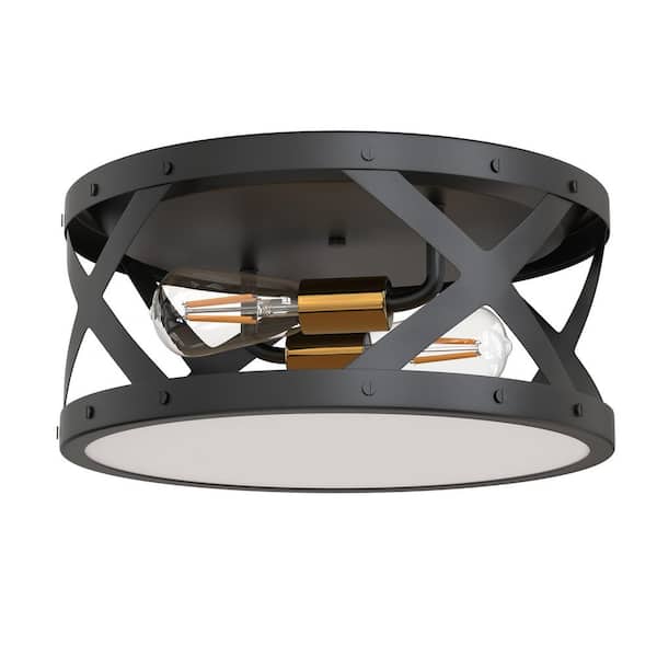 11.81 in. 2-Light Gold Cage Drum Flush Mount Ceiling Light-Modern Elegant Fixture for Hallway, Bedroom & Entryway