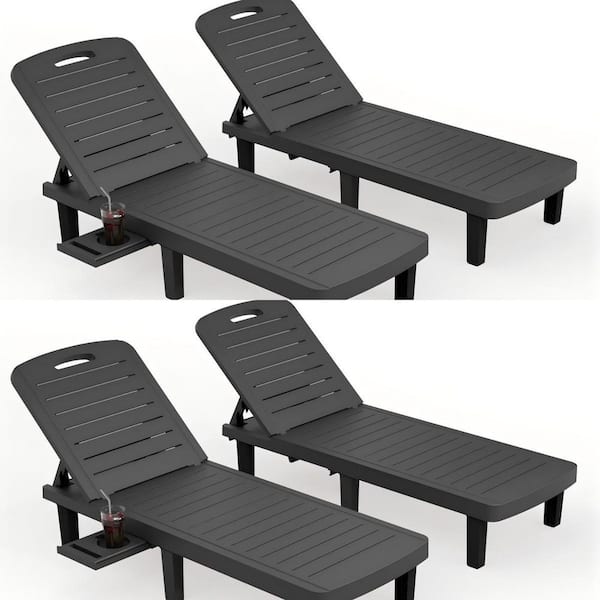 ELPOSUN Black Adjustable Waterproof Oversized Resin Outdoor Patio Chaise Lounge Chair with Cup Holder, Pool, Deck(Set of 4)