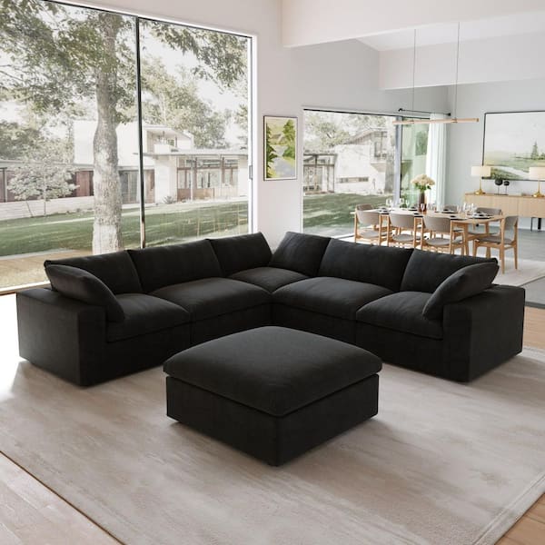 Unbranded 6-piece Modular 120.5 in. Deep Seat Linen Sectional Sofa with Storage and Removable Covers, Cushions in. Black 7-Seater