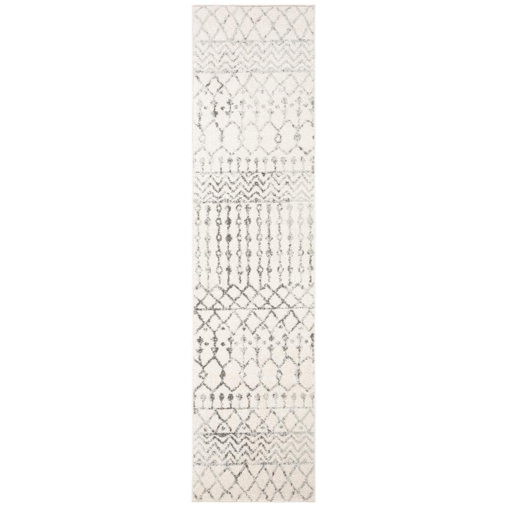 Ivory and Grey Synthetic Moroccan Runner Rug