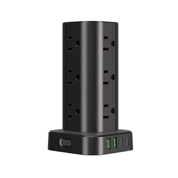 12-Outlet Wireless Charging Power Strip Tower Surge Protector with 10 ft. Flat Plug Cord and 4 USB Ports, Black