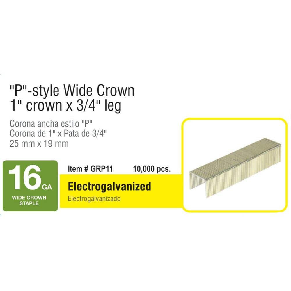 3/4 in. x 1 in. 16-Gauge Adhesive Collated Electrogalvanized P-Style Wide Crown Construction Staples 10000 per Box