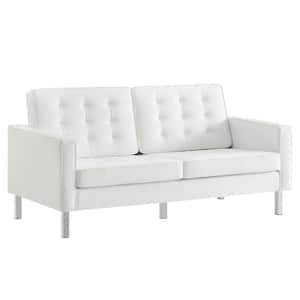Loft 63 in. White Button Tufted Faux Leather 2-Seater Loveseat with Square Arms