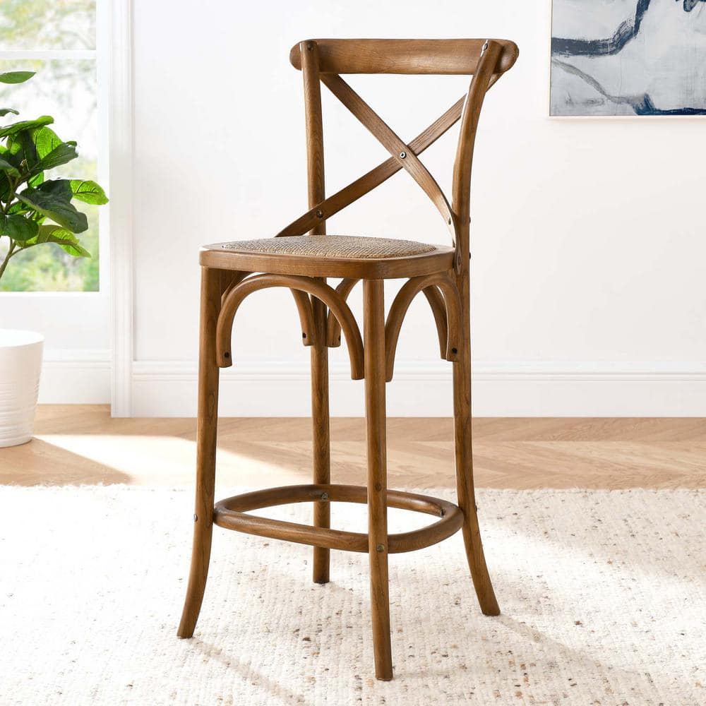 Walnut Elm Wood Counter Stool with Rattan Seat