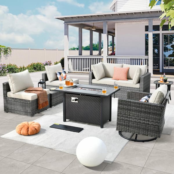 weaxty W Daffodil H Gray 8-Piece Wicker Patio Fire Pit Conversation Sofa Set with a Swivel Rocking Chair and Beige Cushions