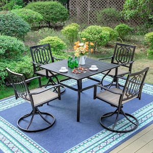 5-Piece Black Metal Outdoor Patio Dining Set with Slat Square Table and Fashion Swivel Chairs