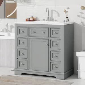 36 in. W x 18 in. D x 34.5 in. H Gray Bath Vanity with Single Sink and White Ceramic Top 6-Drawers Adjustable Shelf