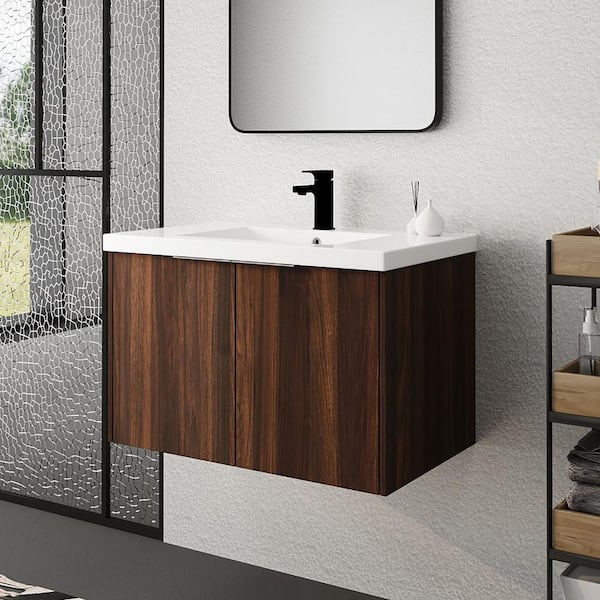 FAMYYT 30 in. W x 18.1 in. D x 19.3 in. H Floating Bath Vanity in Walnut with White Resin Top