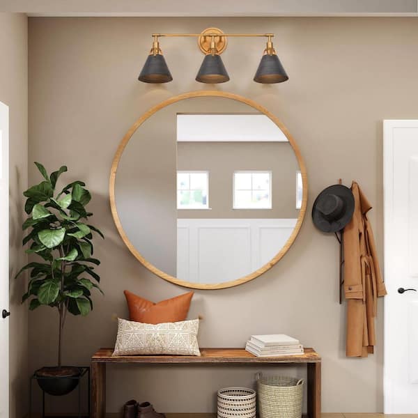 25.5 in. 3-Light Brushed Vintage Gold Industrial Vanity Light with Gray Metal Shades Bathroom Powder Room Wall Sconce