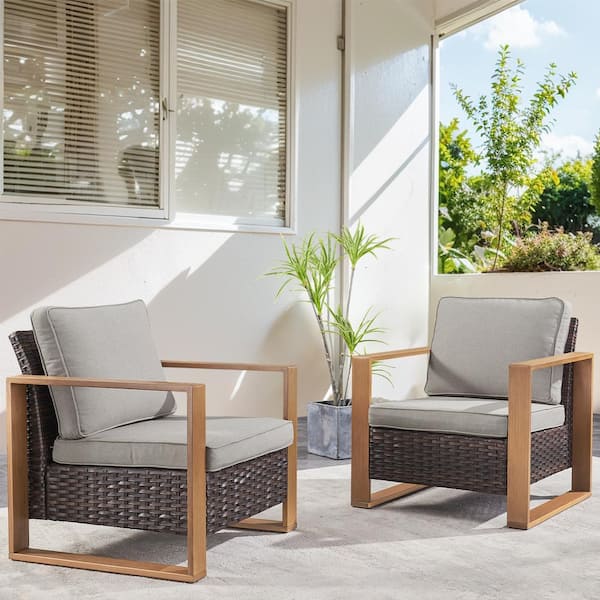 Rectangular Framed Armrest Brown Wicker Outdoor Patio Lounge Chair with CushionGuard Gray Cushions