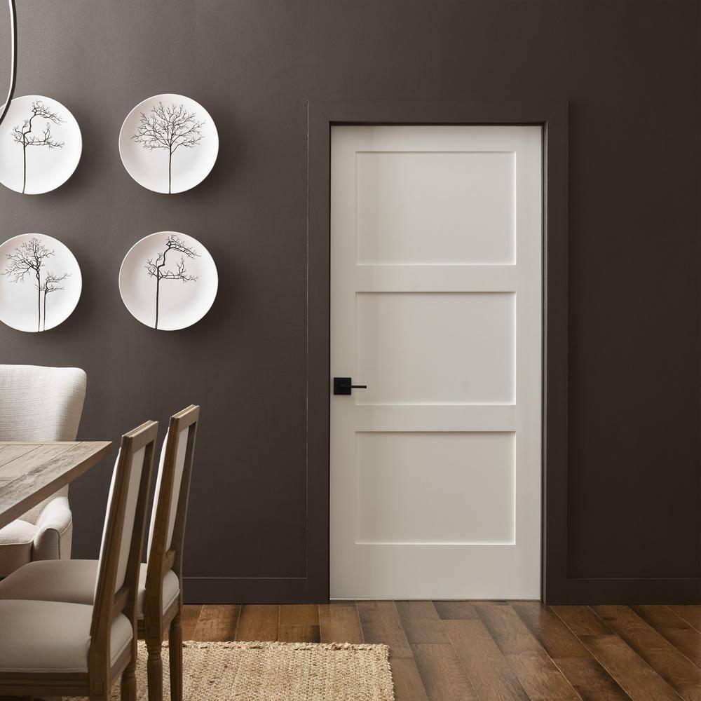 Primed MDF 3-Panel Right-Handed Interior Door with Satin Nickel Hinges
