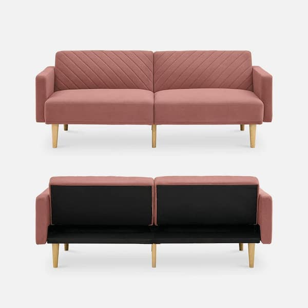 Uixe 77.56 in. W Modern Pink Velvet Upholstered Convertible Folding Futon Lounge Sleeper Couch Sofa Bed