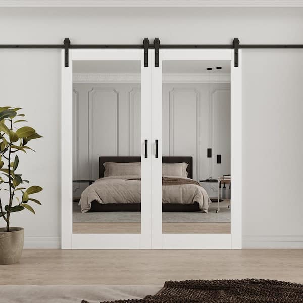 72 in. x 80 in. (Double 36 in. ) Paneled White Mirrored Glass White Primed MDF Sliding Barn Door with Hardware Kit