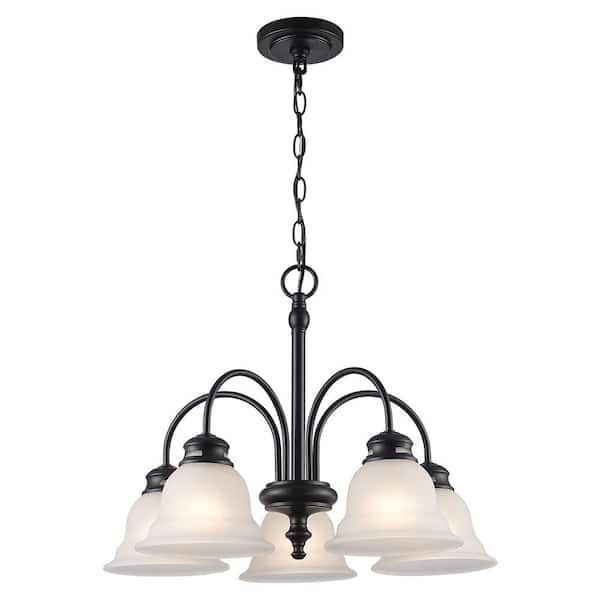 5-Light Black Down-Light Chandelier Light Fixture with Frosted Glass Bell Shaped Shades