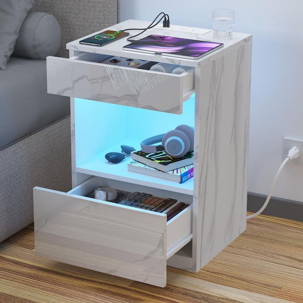 Hommpa Modern White Marble 2-Drawer 23.62 in. H x 15.75 in. W x 13.78 in. D Nightstand with Charging Station and RGB LED Light