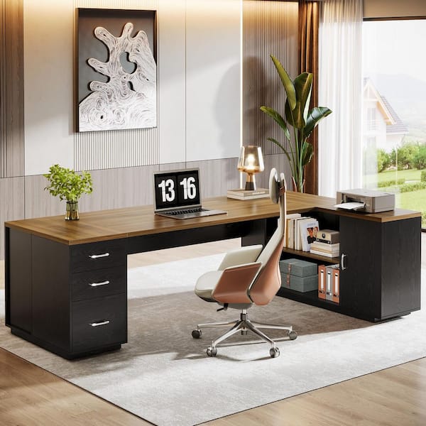 Capen 85.8 in. Brown and Black L-Shaped Executive Desk Extra Large Business Office Desk with Storage Drawers and Shelves