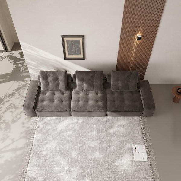 J&E Home 141.77 in. Square Arm Gray Velvet 3-Piece Modular Free Combination Sectional Sofa with Adjustable Backrest