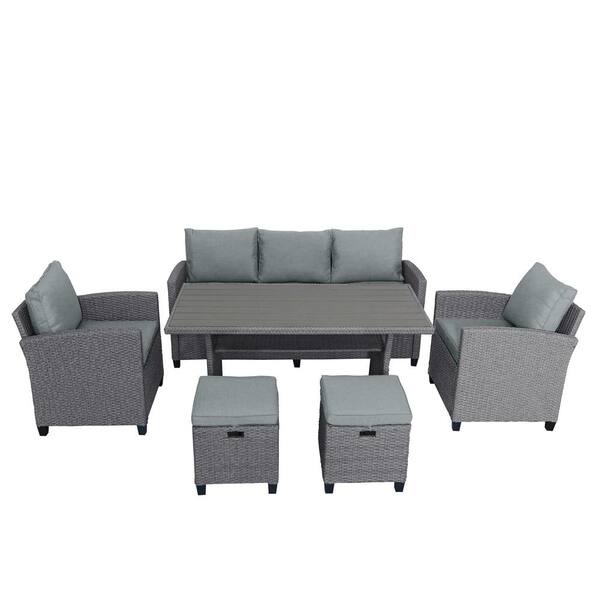 Unbranded Gray 6-Piece Rattan Wicker Outdoor Sectional Set Patio Garden Backyard Sofa with Gray Cushions and Tables