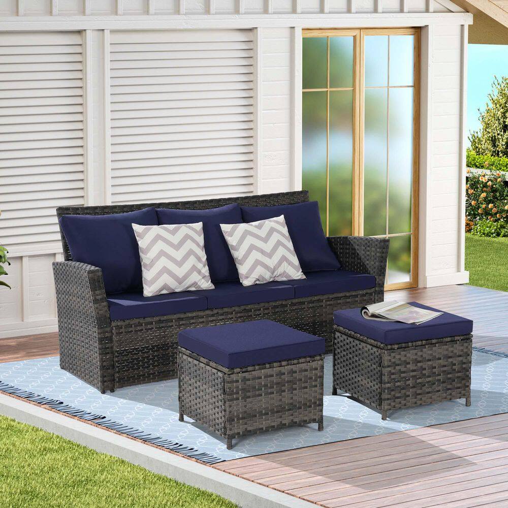 3-Piece Gray Wicker Outdoor Patio Sectional Sofa Set with Dark Blue Cushions, 2 Ottomans price history on PriceWatchPro